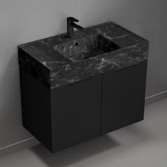 Floating Black Bathroom Vanity, Modern, 32 inch, Black Marble Style Sink